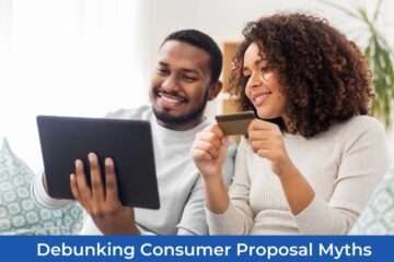 A couple holding a tablet where they view their credit status and encouraging themselves to be knowledgeable enough about the consumer proposal and other financial matters.